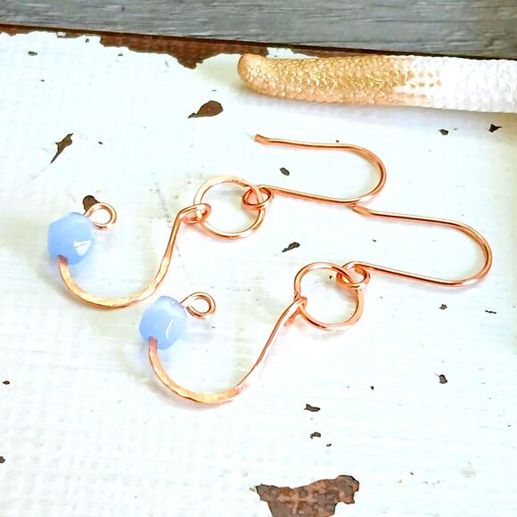 Cats Eye Beaded Dangle Earrings, Hammered Copper Jewelry 2" - Picture 1 of 5